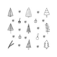 mignon doodle ensemble d'icônes d'arbre de noël, de boule de jouets et de flocons de neige. illustration vectorielle dessinés à la main. éléments d'hiver pour cartes de voeux, affiches, autocollants et design saisonnier. vecteur