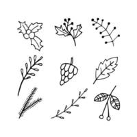 mignon doodle ensemble d'icônes de houx, rowan, feuilles, branches, cône, sapin. illustration vectorielle dessinés à la main. éléments d'hiver pour cartes de voeux, affiches, autocollants et design saisonnier vecteur
