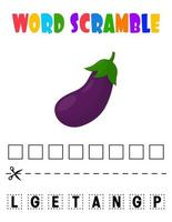 brouillage de mot d'aubergine. jeu éducatif pour les enfants. feuille de travail d'orthographe en anglais pour les enfants d'âge préscolaire vecteur