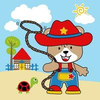 illustration vectorielle de dessin animé petit ours en costume de cowboy jouant au lasso vecteur