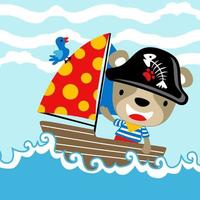 ours mignon en costume de pirate sur voilier avec un oiseau, illustration vectorielle de dessin animé vecteur