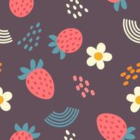 modèle sans couture de vecteur avec des fraises, des graines et des fleurs de doodle mignon de style dessin animé sur un fond sombre