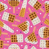 aliments sucrés et desserts, motif vectoriel harmonieux de chien de maïs maison brun doré ou gaufre de hot-dog sur un bâton dans diverses décorations de saveurs et chocolat blanc. impression, textile, tissu. rose