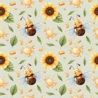 modèle sans couture de vecteur avec des abeilles de dessin animé, du miel, des tournesols sur un fond vert. idéal pour les textiles, les papiers peints, les arrière-plans