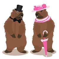 une marmotte en costume de gentleman avec sa femme. une paire de marmottes pour les vacances du jour de la marmotte. un homme marmotte et une femme en tenues du XIXe siècle. illustration vectorielle. vecteur
