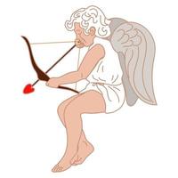 une illustration d'un petit cupidon avec un arc et une flèche, qui vise. un petit garçon avec des ailes vole et vise des flèches d'amour sur les couples. le thème de la saint valentin. amour rétro vecteur