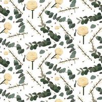 un motif de boutons de rose avec des brindilles d'eucalyptus vert et des brindilles de petites fleurs. arrière-plan délicat pour l'impression sur papier et textile. impression pour emballage, arrière-plan pour cartes de vacances vecteur