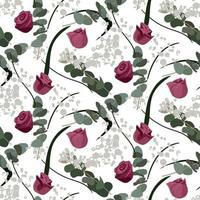 un motif de boutons de rose avec des brindilles d'eucalyptus vertes et des feuilles décoratives sur fond blanc. arrière-plan délicat pour l'impression sur papier et textile. impression pour emballage, cartes de vœux vecteur