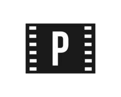 logo du film de mouvement sur la lettre p. signe de film de film, logo de production de film vecteur