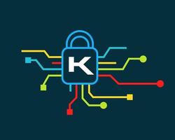 lettre k logo de cybersécurité. cyber protection, technologie, biotechnologie et haute technologie vecteur