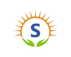 logo de charité avec concept de lettre main, soleil et s. charité logo modèle don organisation logotype vecteur