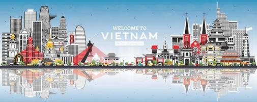 bienvenue à l'horizon du vietnam avec des bâtiments gris et un ciel bleu. vecteur
