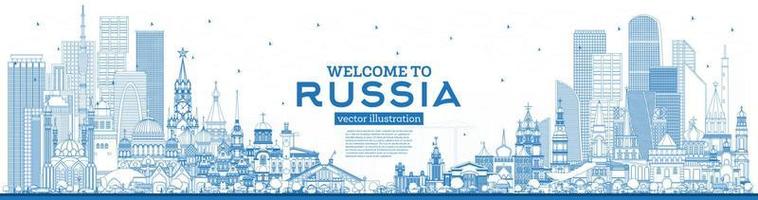 contour bienvenue à l'horizon de la russie avec des bâtiments bleus. vecteur