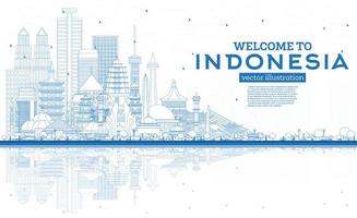 contour bienvenue à l'horizon de l'indonésie avec des bâtiments bleus et des reflets. vecteur
