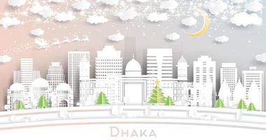 horizon de la ville de dhaka bangladesh dans un style papier découpé avec des flocons de neige, une lune et une guirlande de néons. vecteur