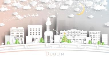 horizon de la ville de dublin en irlande dans un style découpé en papier avec des flocons de neige, une lune et une guirlande de néons. vecteur