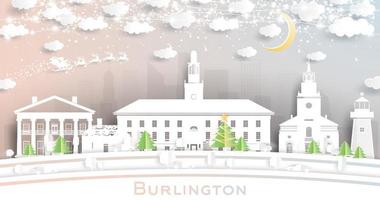 horizon de la ville de burlington vermont en papier découpé avec des flocons de neige, une lune et une guirlande de néons. vecteur