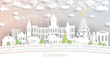 horizon de la ville de chennai en inde dans un style découpé en papier avec des flocons de neige, une lune et une guirlande de néons. vecteur