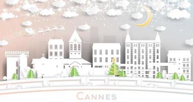 cannes france toits de la ville en papier découpé avec guirlande de flocons de neige, de lune et de néon. vecteur