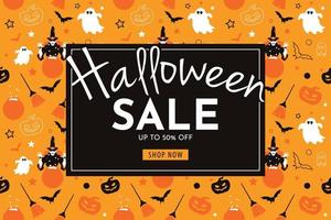 vente d'halloween avec sorcière, citrouille, balai, fantôme et chauve-souris. bannière transparente et illustration vectorielle de fond vecteur