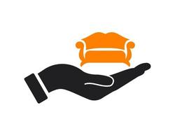 création de logo de canapé à main. logo de canapé avec vecteur de concept de main. création de logo main et canapé