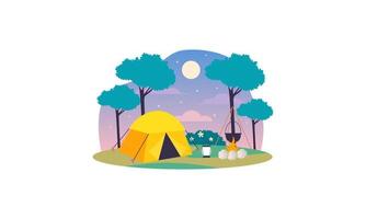 composition de dessin animé de lieu de camping avec dîner en feu ciel nocturne vecteur