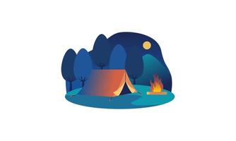 composition de dessin animé de lieu de camping avec dîner en feu ciel nocturne vecteur