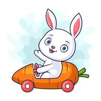 petit dessin animé de lapin conduisant une voiture en forme de carotte sur fond blanc vecteur