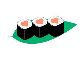 rouleau de sushi avec coeur. cuisine japonaise mignonne. coeur symbole de l'amour pour les sushis. rouleau de sushi d'amour de vecteur