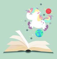 jolie licorne volant au-dessus d'un livre ouvert vecteur
