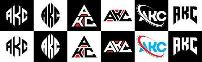 création de logo de lettre akc en six styles. polygone akc, cercle, triangle, hexagone, style plat et simple avec logo de lettre de variation de couleur noir et blanc dans un plan de travail. logo minimaliste et classique akc vecteur