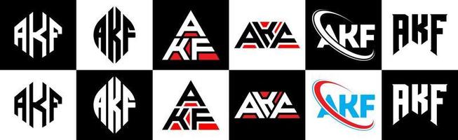 création de logo de lettre akf en six styles. akf polygone, cercle, triangle, hexagone, style plat et simple avec logo de lettre de variation de couleur noir et blanc dans un plan de travail. logo minimaliste et classique akf vecteur