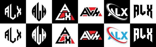 création de logo de lettre alx en six styles. alx polygone, cercle, triangle, hexagone, style plat et simple avec logo de lettre de variation de couleur noir et blanc dans un plan de travail. logo minimaliste et classique alx vecteur