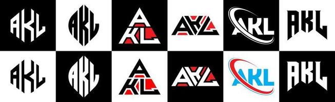 création de logo de lettre akl en six styles. akl polygone, cercle, triangle, hexagone, style plat et simple avec logo de lettre de variation de couleur noir et blanc dans un plan de travail. logo minimaliste et classique akl vecteur