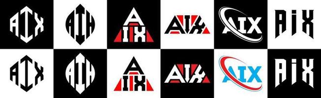 création de logo de lettre aix en six styles. aix polygone, cercle, triangle, hexagone, style plat et simple avec logo de lettre de variation de couleur noir et blanc dans un plan de travail. aix logo minimaliste et classique vecteur