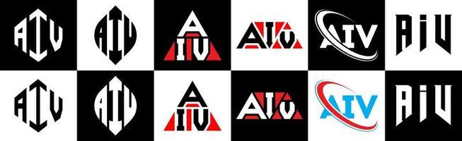 création de logo de lettre aiv en six styles. polygone aiv, cercle, triangle, hexagone, style plat et simple avec logo de lettre de variation de couleur noir et blanc dans un plan de travail. aiv logo minimaliste et classique vecteur