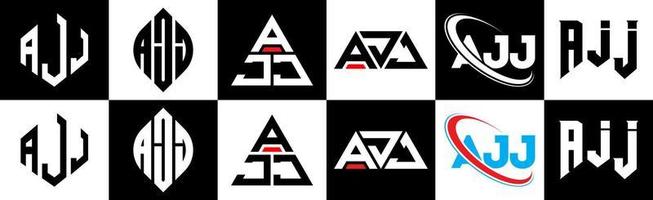 création de logo de lettre ajj en six styles. polygone ajj, cercle, triangle, hexagone, style plat et simple avec logo de lettre de variation de couleur noir et blanc dans un plan de travail. logo minimaliste et classique ajj vecteur