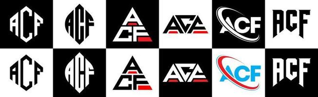 création de logo de lettre acf en six styles. acf polygone, cercle, triangle, hexagone, style plat et simple avec logo de lettre de variation de couleur noir et blanc dans un plan de travail. logo acf minimaliste et classique vecteur