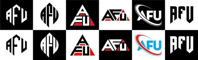 création de logo de lettre afu en six styles. afu polygone, cercle, triangle, hexagone, style plat et simple avec logo de lettre de variation de couleur noir et blanc dans un plan de travail. logo afu minimaliste et classique vecteur