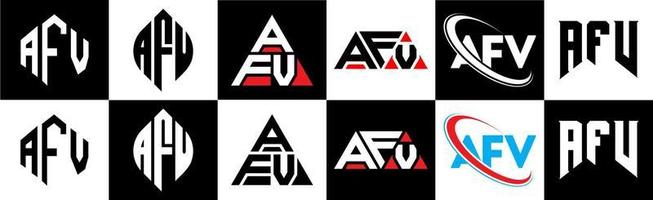 création de logo de lettre afv en six styles. polygone afv, cercle, triangle, hexagone, style plat et simple avec logo de lettre de variation de couleur noir et blanc dans un plan de travail. logo minimaliste et classique afv vecteur