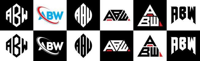 création de logo de lettre abw en six styles. abw polygone, cercle, triangle, hexagone, style plat et simple avec logo de lettre de variation de couleur noir et blanc dans un plan de travail. abw logo minimaliste et classique vecteur