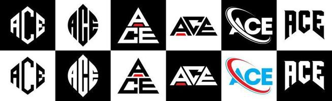 création de logo de lettre ace en six styles. ace polygone, cercle, triangle, hexagone, style plat et simple avec logo de lettre de variation de couleur noir et blanc dans un plan de travail. ace logo minimaliste et classique vecteur