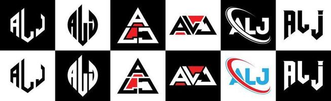 création de logo de lettre alj en six styles. alj polygone, cercle, triangle, hexagone, style plat et simple avec logo de lettre de variation de couleur noir et blanc dans un plan de travail. logo minimaliste et classique alj vecteur