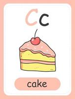 carte alphabet pour enfants avec la lettre c et un morceau de gâteau. carte éducative pour les enfants. le mot gâteau, alphabet anglais. illustration vectorielle. vecteur