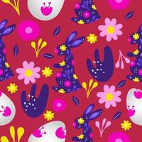 bannière de pâques modèle sans couture avec lapin, oeuf et fleurs. joli fond de doodle de pâques dessiné à la main. vecteur