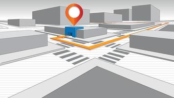 détail d'un plan de ville en 3 dimensions avec des bâtiments en blocs gris et une flèche de direction jaune qui se termine par un bâtiment bleu avec un symbole de position. image vectorielle vecteur