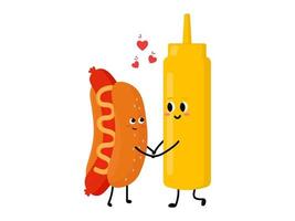 hot-dog mignon et bouteille de moutarde tombant amoureux. concept d'amour et de saint valentin. illustration isolé sur fond blanc. vecteur