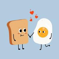 mignon œuf au plat et pain tombant amoureux. concept d'amour et de saint valentin. illustration isolée sur fond bleu. vecteur