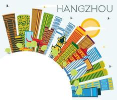 horizon de la ville de hangzhou en chine avec des bâtiments de couleur, un ciel bleu et un espace de copie. vecteur