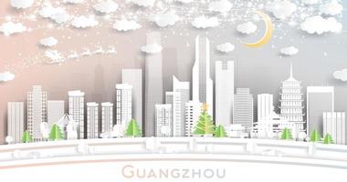 horizon de la ville de guangzhou en chine dans un style papier découpé avec des flocons de neige, une lune et une guirlande de néons. vecteur